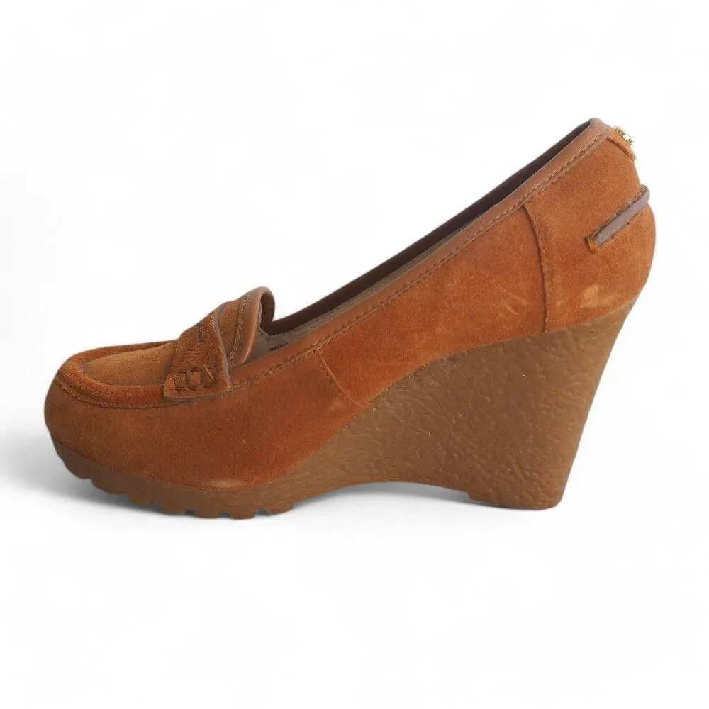 Michael‎ Kors Rory Suede Wedge Penny Loafers Walnut Brown PW14E Women's 7M